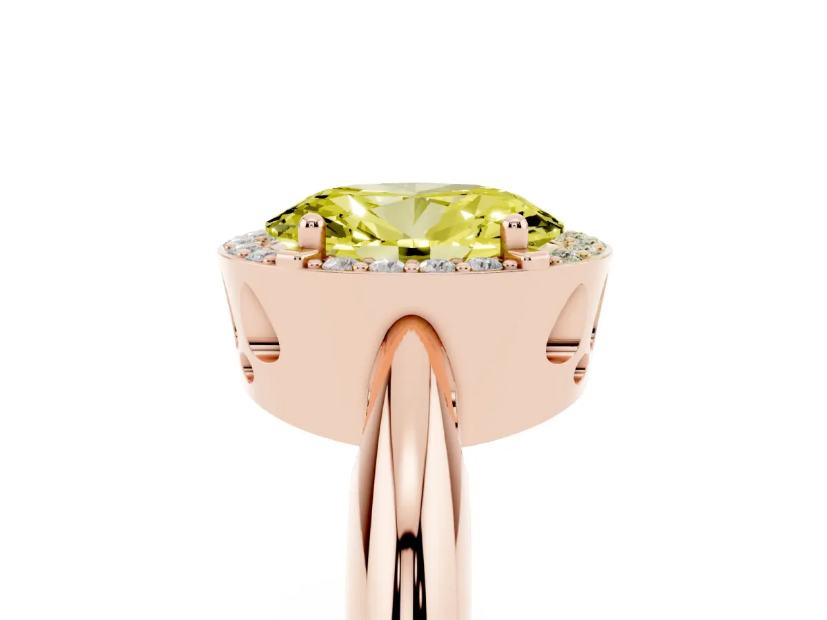 Fancy Yellow Oval Cut Cut Diamond Halo Engagement Ring with Split Shank and Four-Prong Setting Rose gold