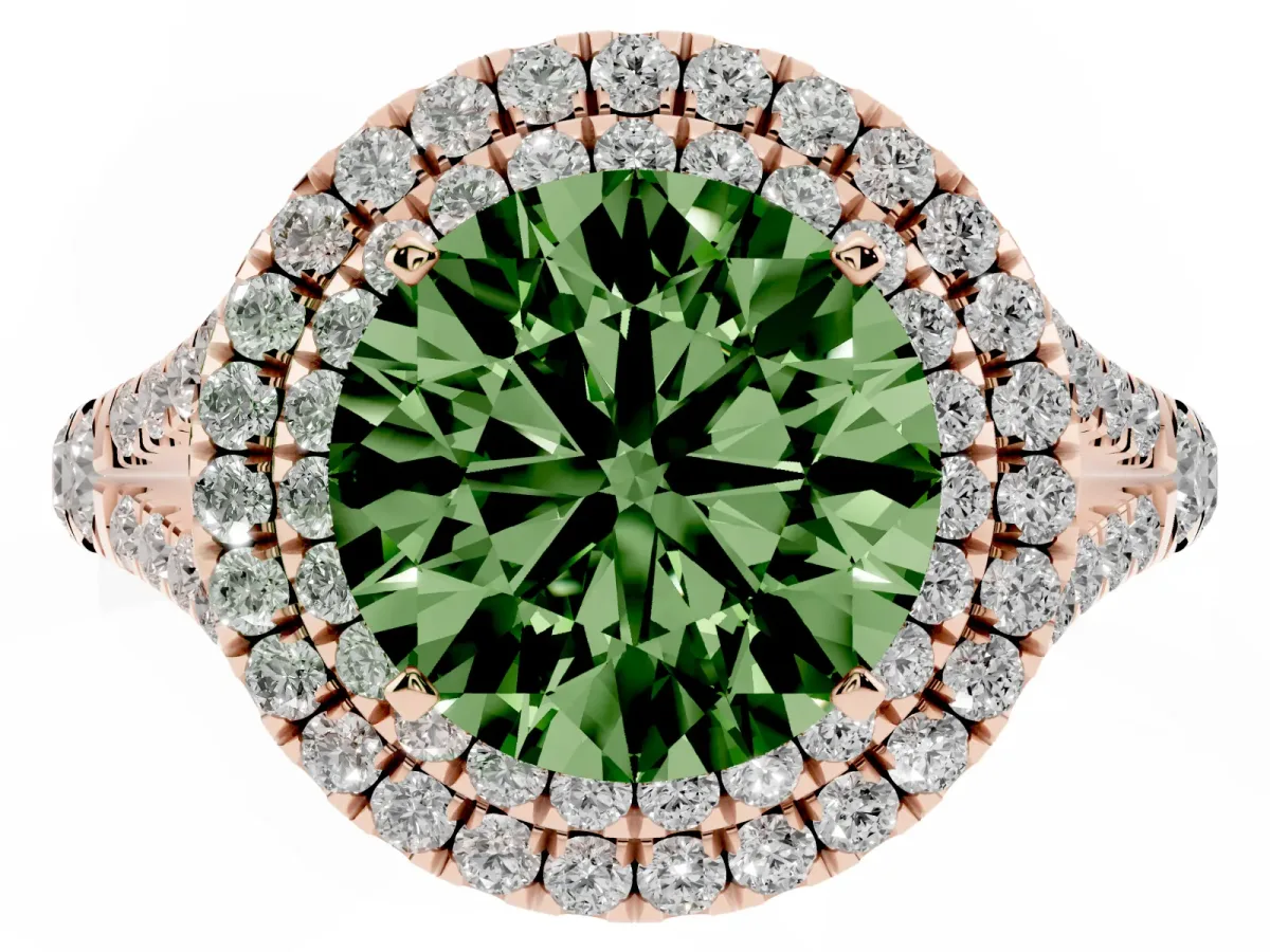 Fancy Green Round Cut Diamond Pavé Split Shank Double Halo Engagement Ring Rose gold