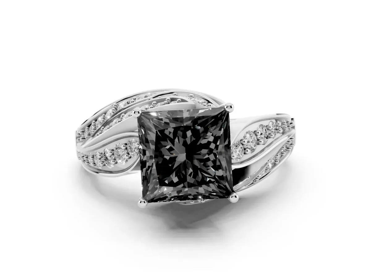 Fancy Black Princess Cut Diamond Solitaire Ring with Prong Setting and Twisted Pavé Band Silver