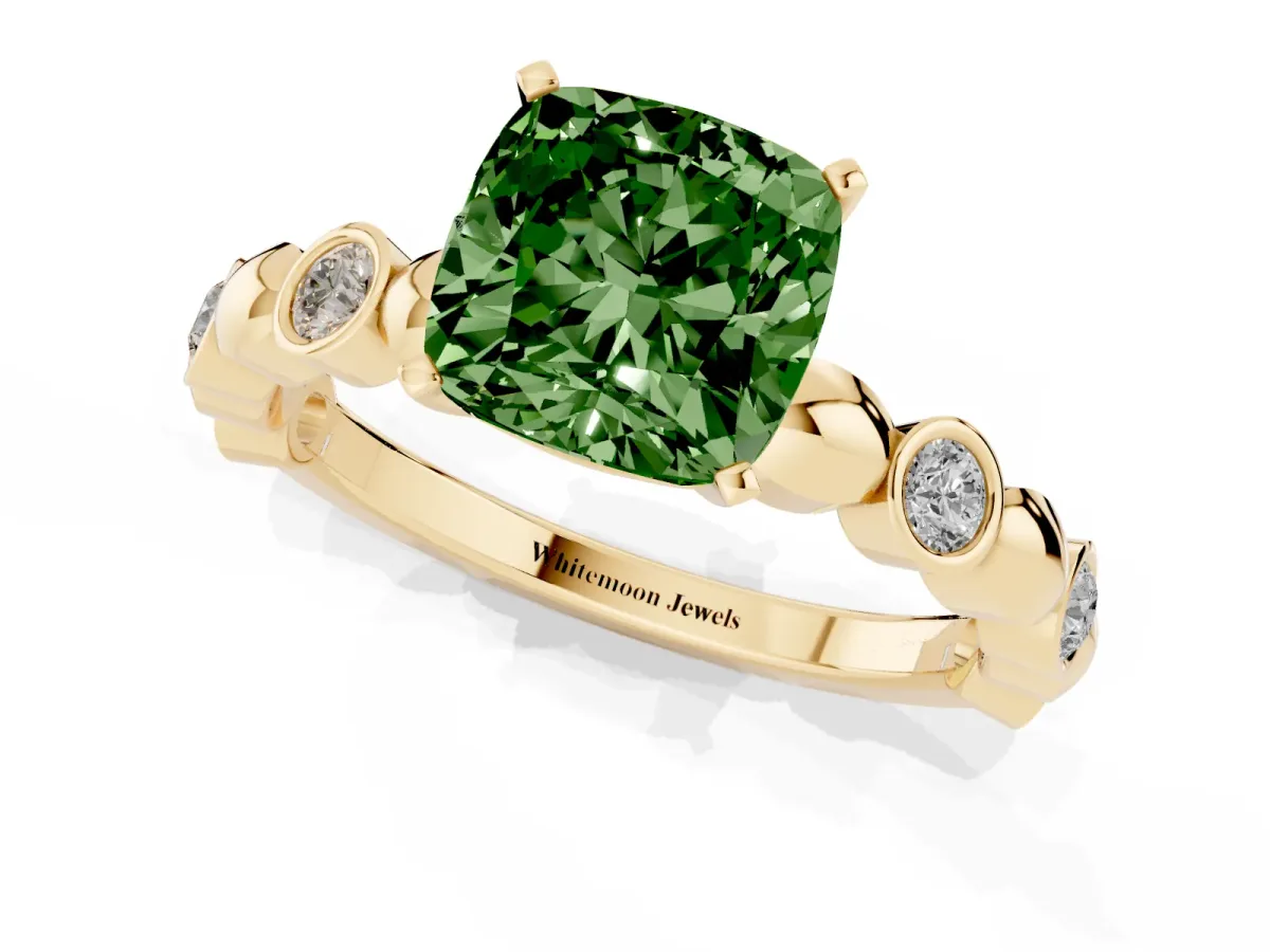Fancy Green Cushion Cut Solitaire Bezel-Set Diamond Ring with Beaded Band and Four-Prong Setting Yellow gold