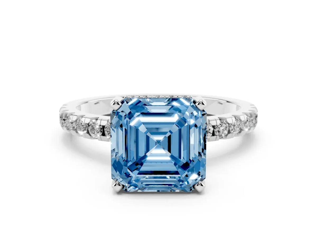 Fancy Blue Asscher Cut Diamond Solitaire Ring with Round Pavé Band and Four-Prong Setting Silver