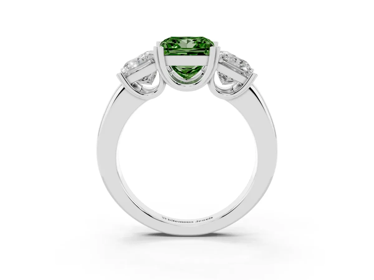 Fancy Green Three-Stone Princess Cut Cut Diamond Ring with Channel Set Band and Four-Prong Setting White gold