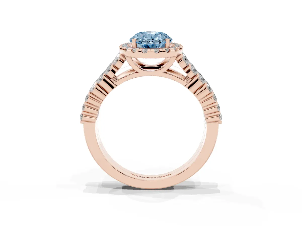 Fancy Blue Oval Cut Diamond Halo Engagement Ring with Triple Row Round Pavé Band and Prong Setting Rose gold