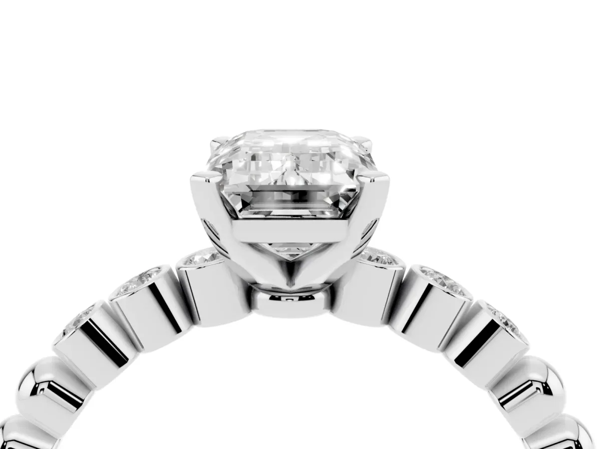 Emerald Cut Solitaire Bezel Accent Diamond Engagement Ring with Beaded Band and Four-Prong Setting Silver