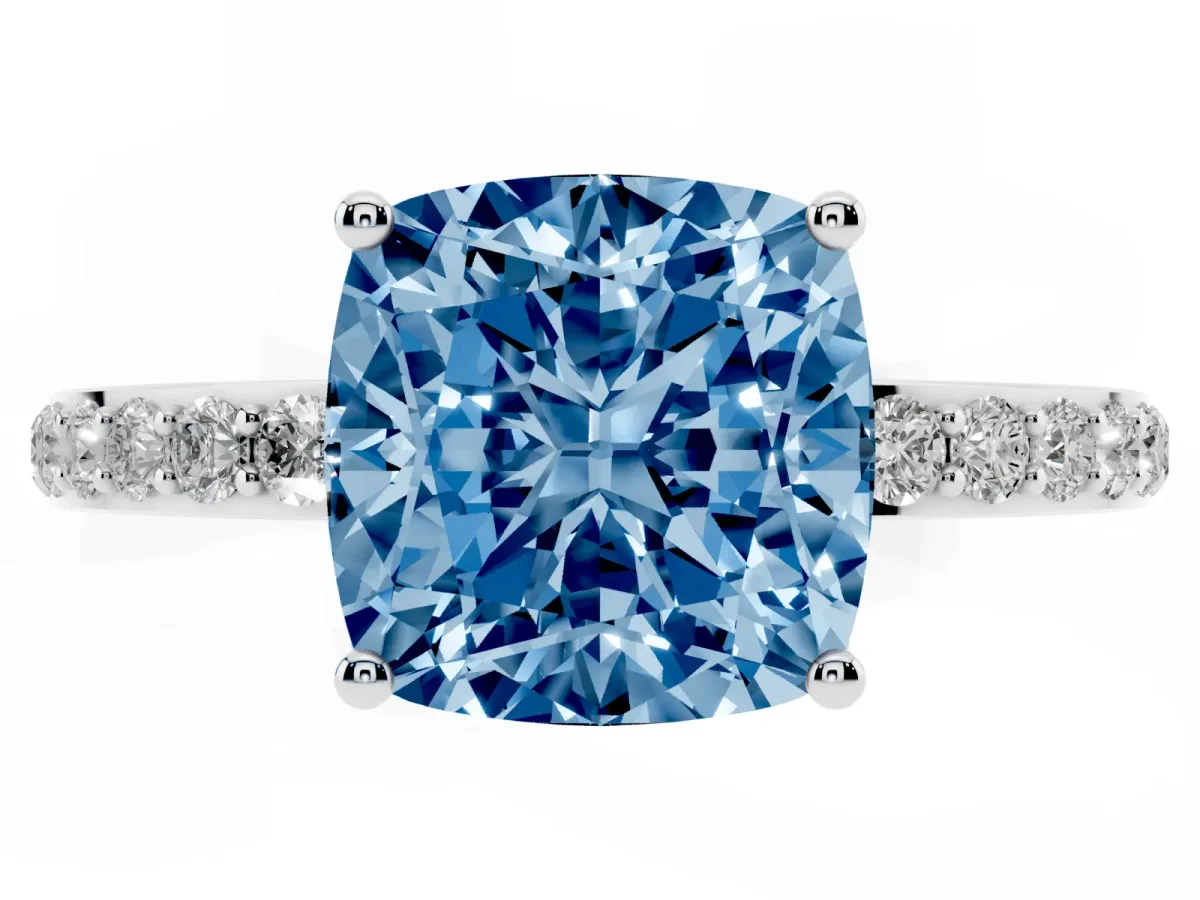 Fancy Blue Cushion Cut Diamond Solitaire Ring with Pavé Band and Hidden Halo Silver