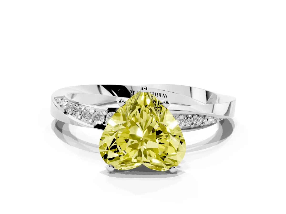 Fancy Yellow Heart Cut Diamond Engagement Ring with Side Stone Accents and Four-Prong Setting Silver