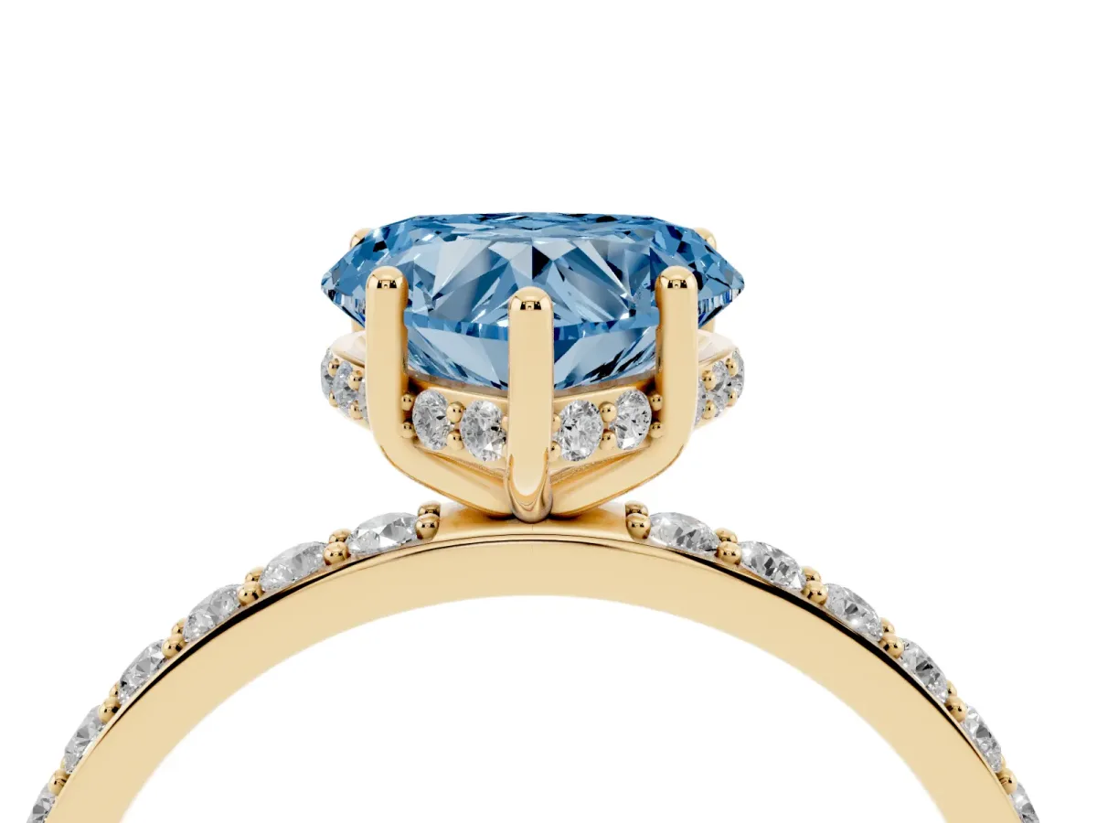 Fancy Blue Heart Cut Diamond Solitaire Ring with Pavé Band and Hidden Halo Yellow gold