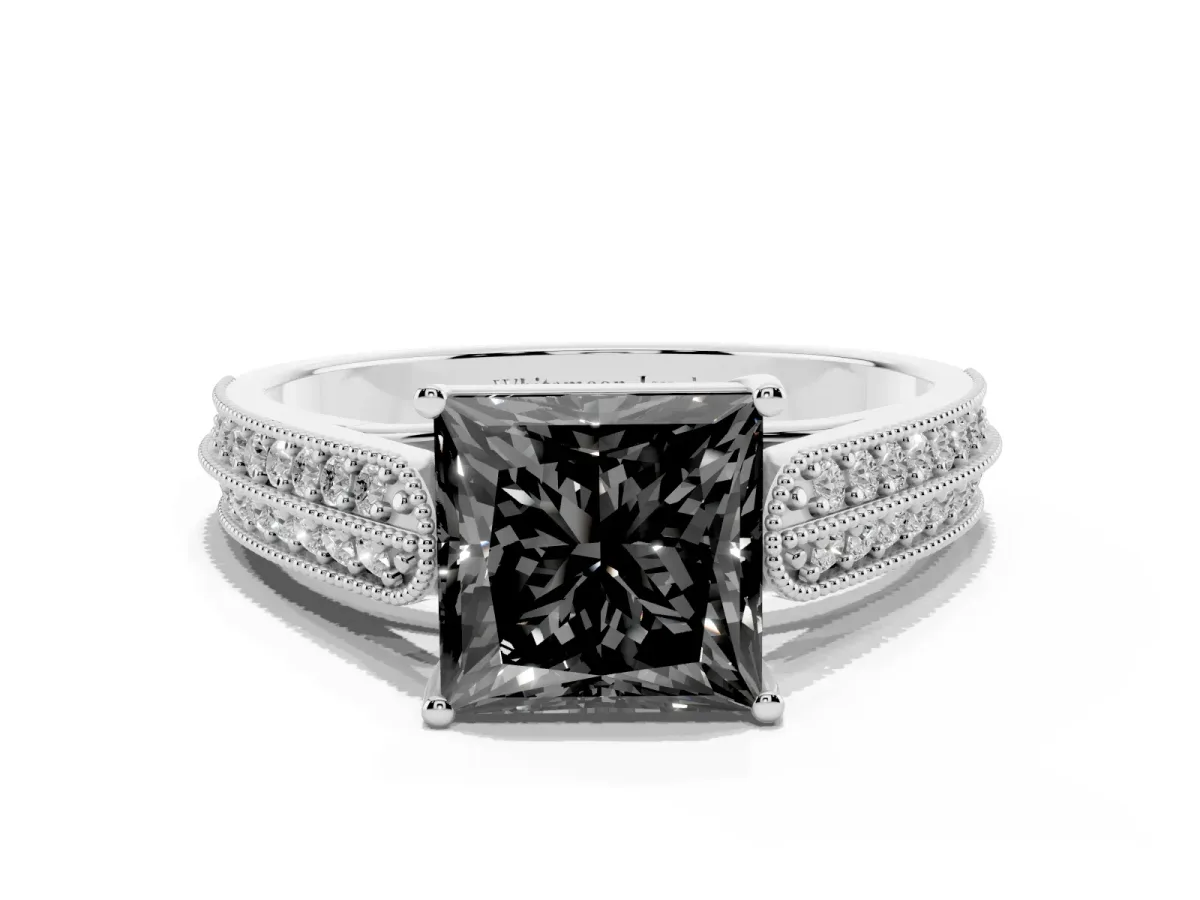 Fancy Black Princess Cut Cut Pave Split Shank Engagement Ring with Four-Prong Setting White gold