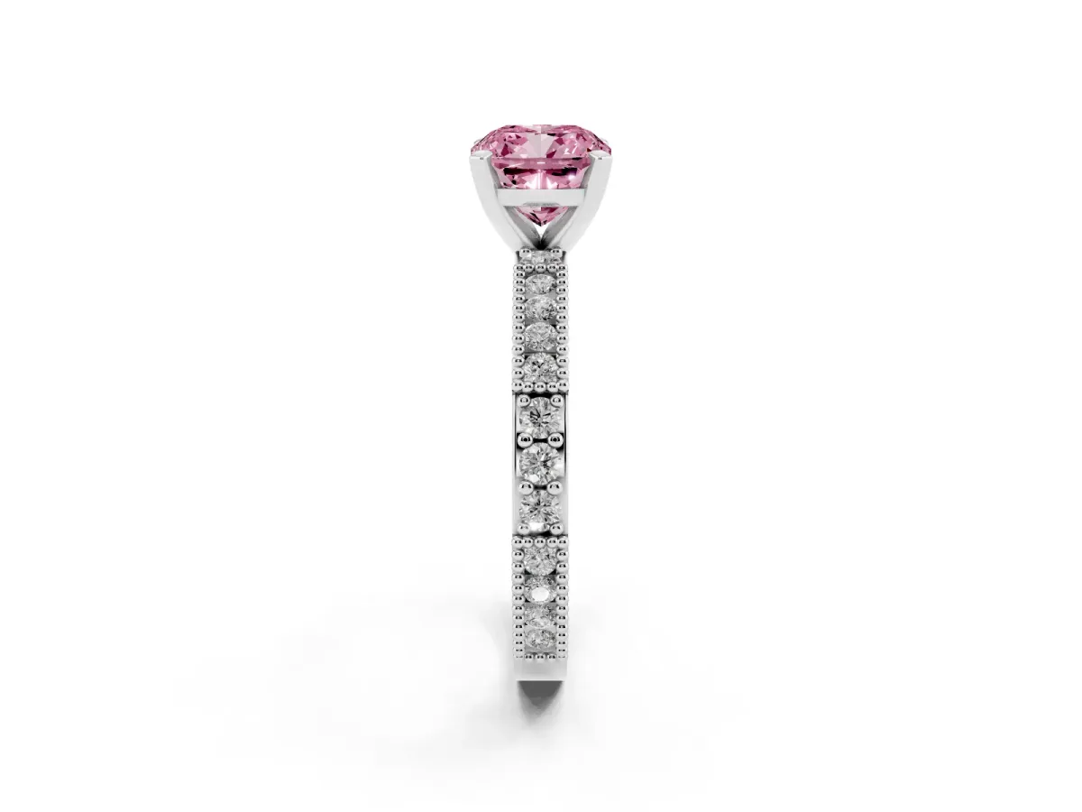 Fancy Pink Cushion Cut Solitaire with Pavé Band and Four-Prong Setting Silver