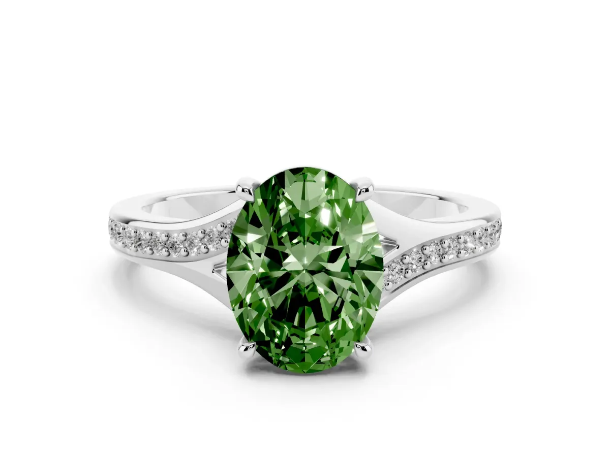 Fancy Green Oval Cut Diamond Solitaire Ring with Pavé Band and Prong Setting Silver