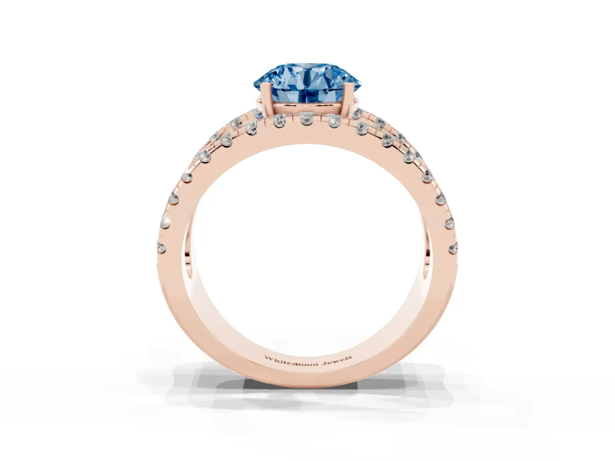 Fancy Blue Round Cut Solitaire Split Shank Pave Diamond Ring Rose gold
