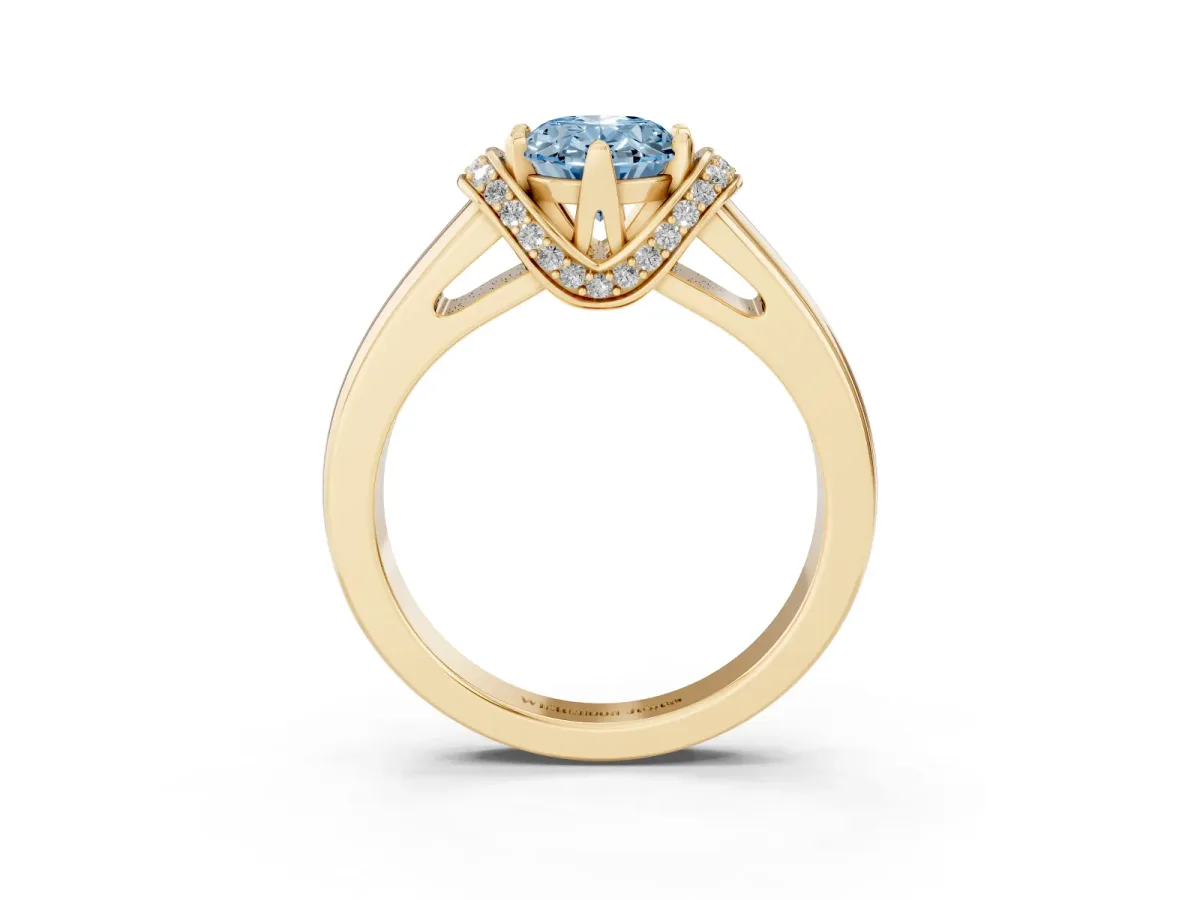 Fancy Blue Oval Cut Solitaire Diamond Ring with Pave Band and Six-Prong Setting Yellow gold