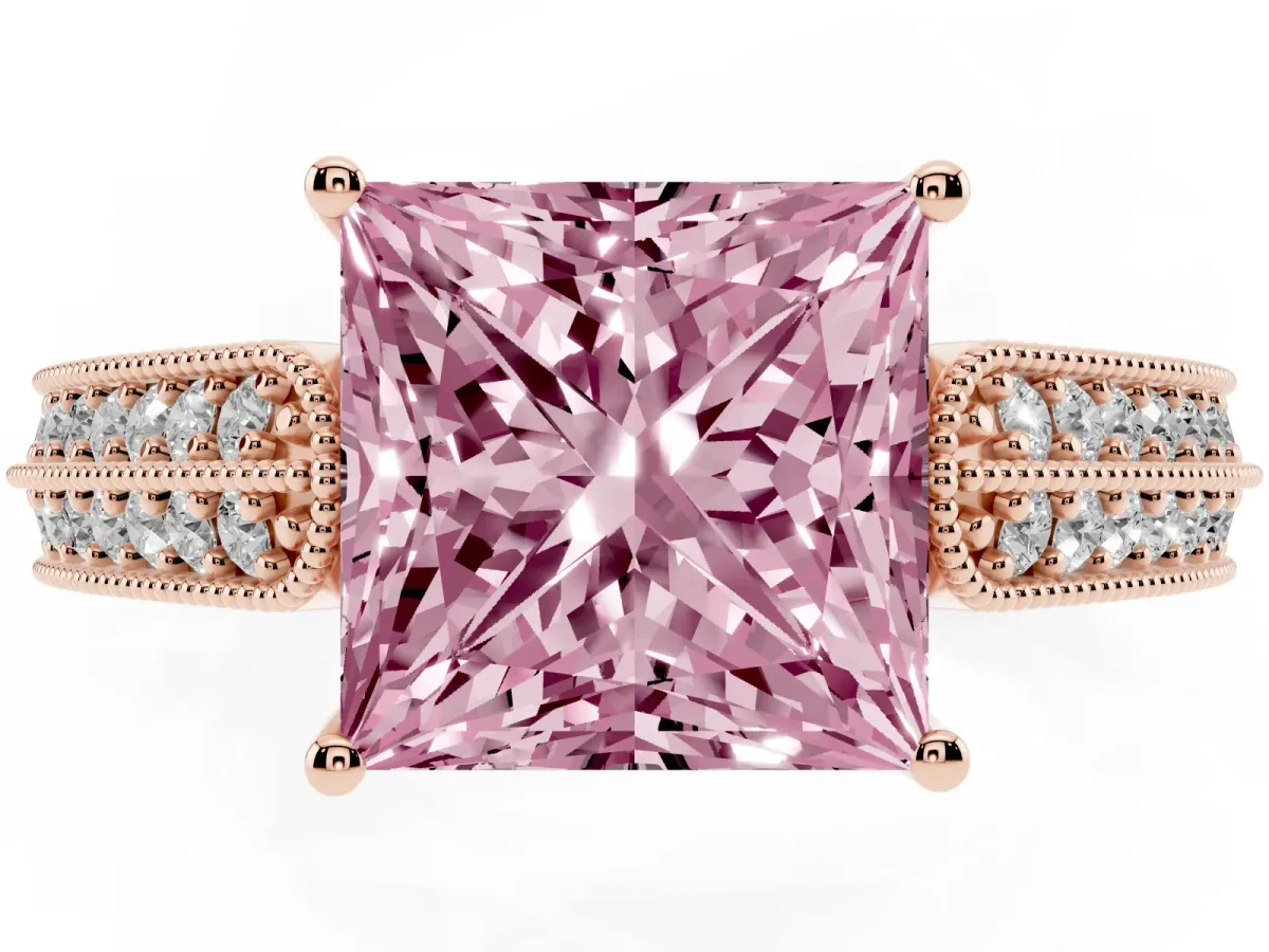Fancy Pink Princess Cut Cut Pave Split Shank Engagement Ring with Four-Prong Setting Rose gold