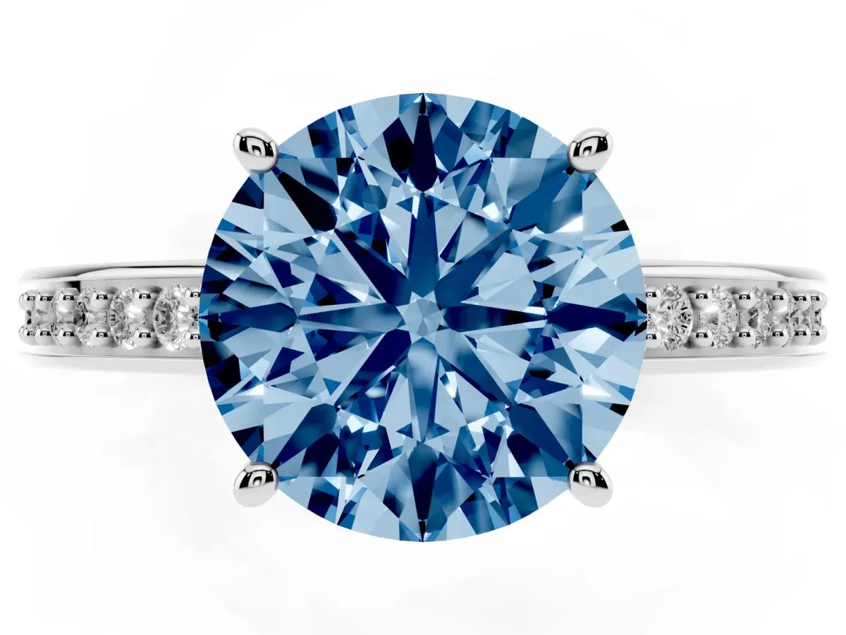 Fancy Blue Round Cut Solitaire Pavé Band Prong Setting Ring Silver