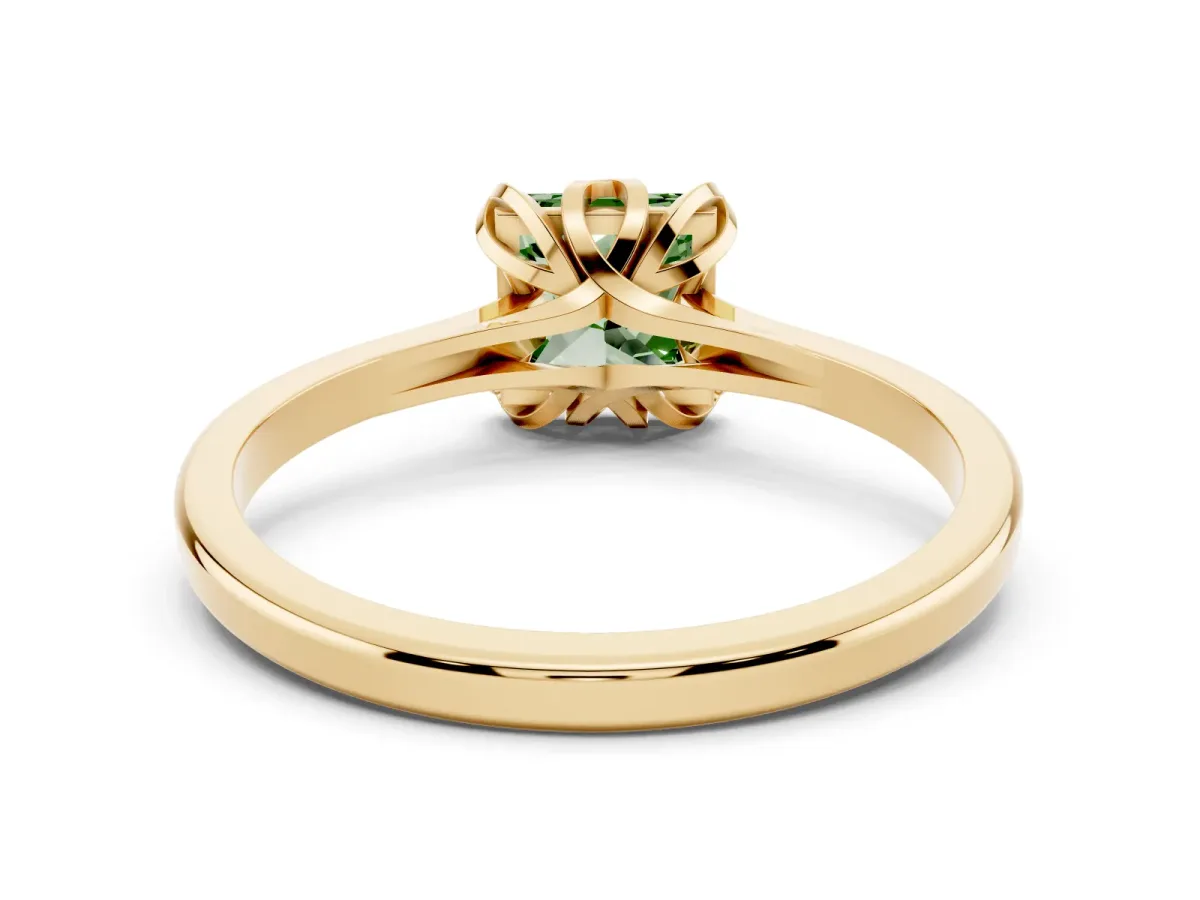 Fancy Green Princess Cut Diamond Solitaire Ring with Flower Prong Setting and Classic Band Yellow gold
