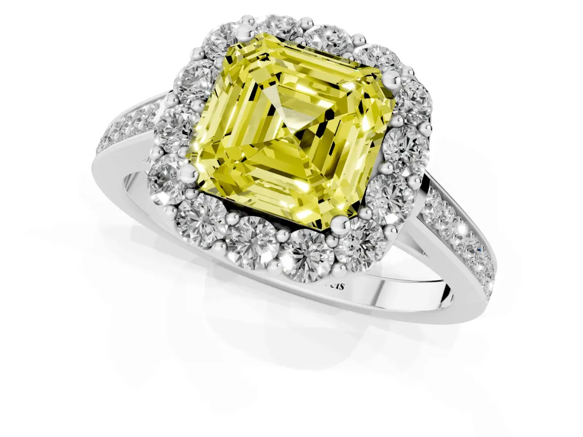 Fancy Yellow Asscher Cut Diamond Floral Halo Ring with Pavé Band and Prong Setting White gold