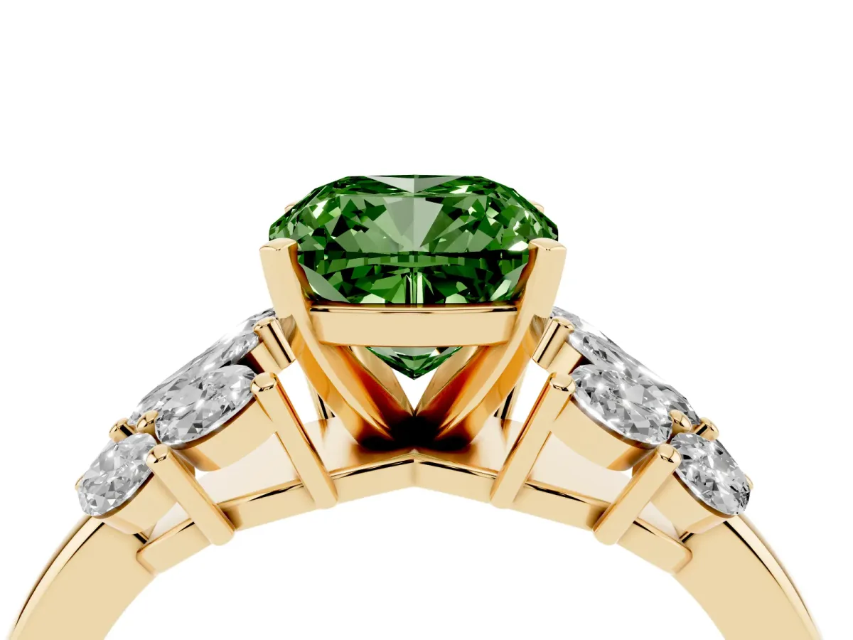 Fancy Green Cushion Cut Diamond Cluster Leaf Design Ring with Prong Setting Yellow gold