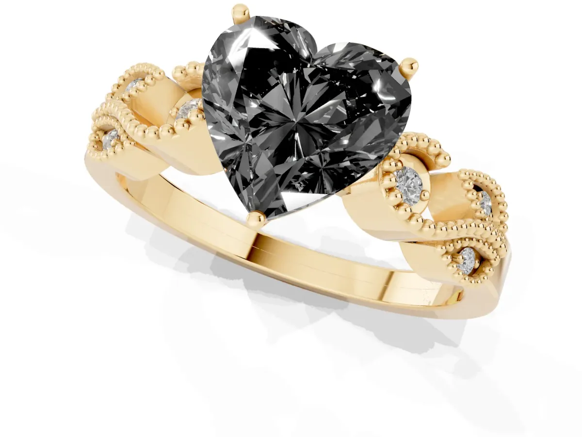 Fancy Black Heart Cut Solitaire Milgrain Leaf Band with Prong Setting Yellow gold