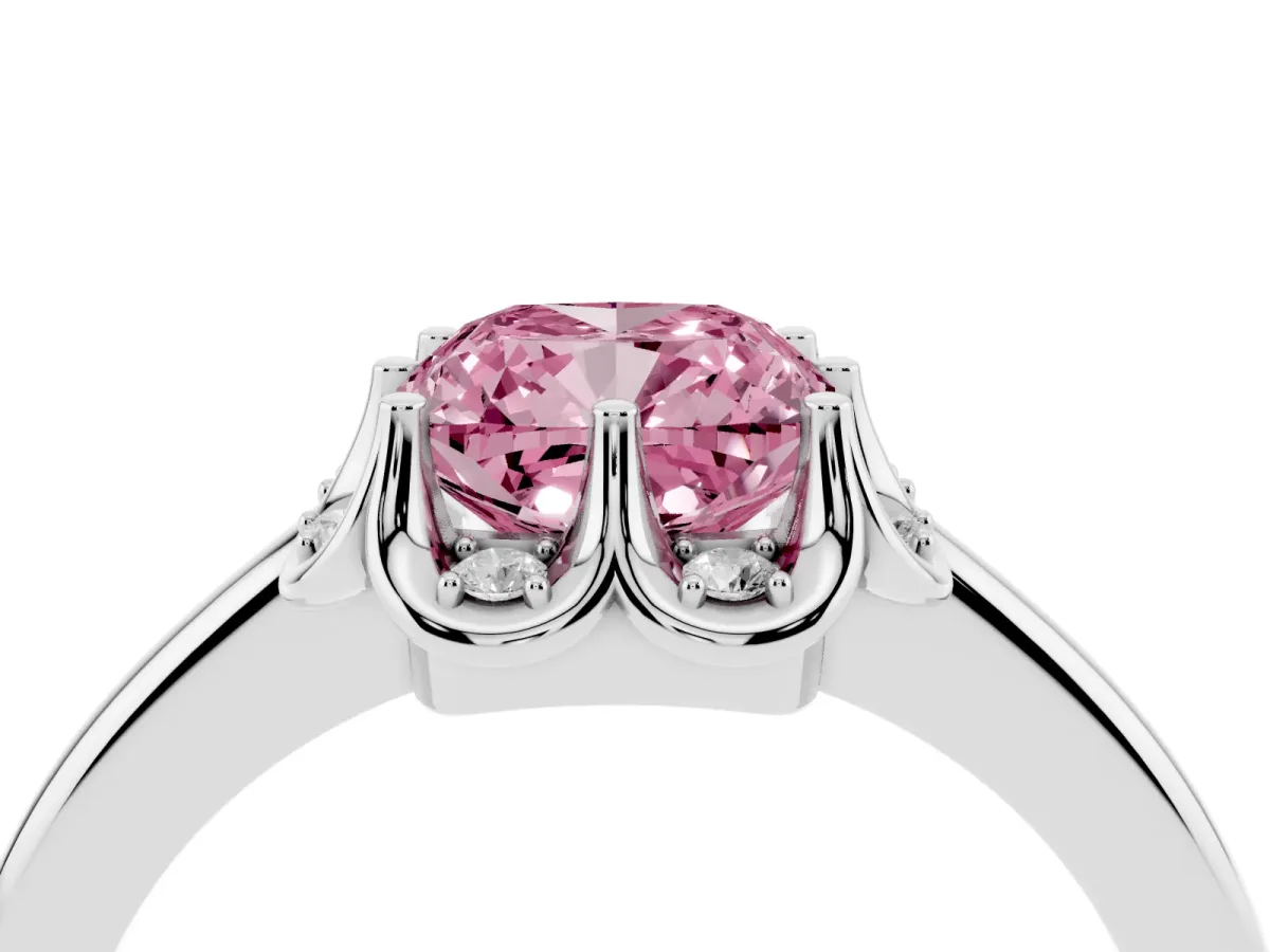 Fancy Pink Cushion Cut Halo Diamond Ring with Round Cluster Setting, Solitaire Band, and Four-Prong Setting Silver