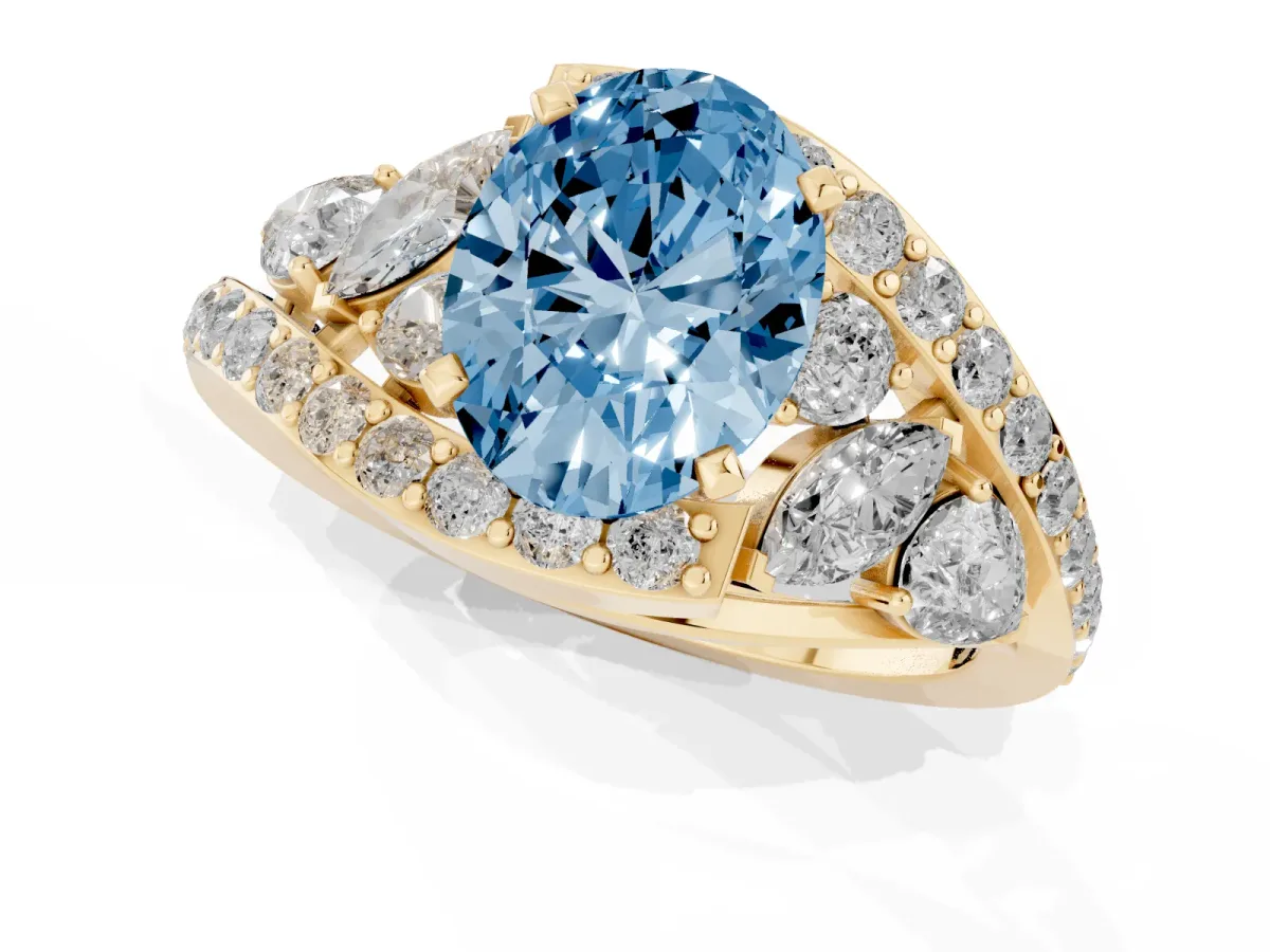 Fancy Blue Oval Cut Diamond Halo Ring with Marquise and Pavé Band in Prong Setting Yellow gold