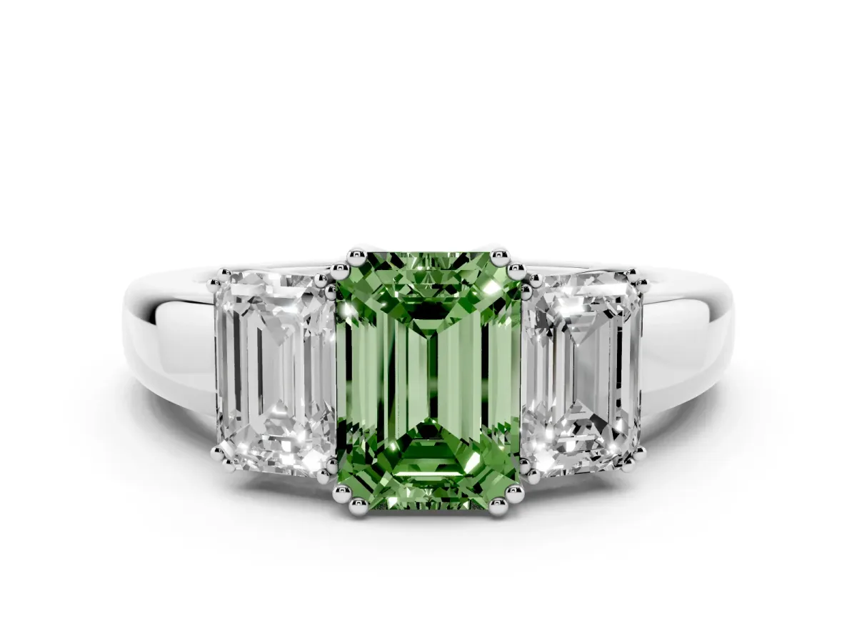 Fancy Green Three-Stone Emerald Cut Cut Diamond Ring with Channel Set Band and Four-Prong Setting Silver