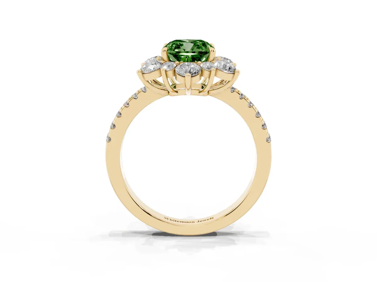 Fancy Green Cushion Cut Diamond Floral Halo Ring with Round Pavé Band and Prong Setting Yellow gold