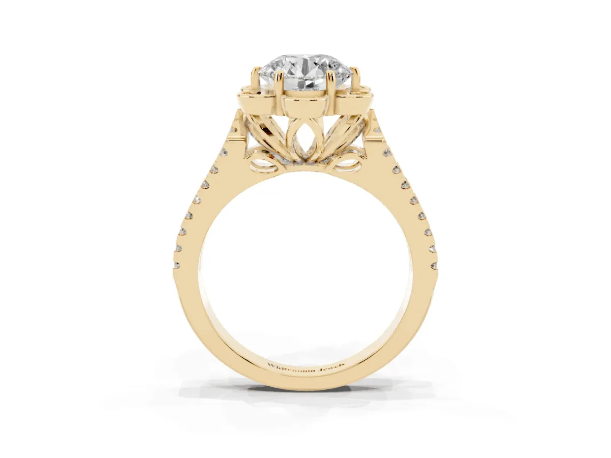Round Cut Halo Diamond Floral Split Shank Engagement Ring Yellow gold