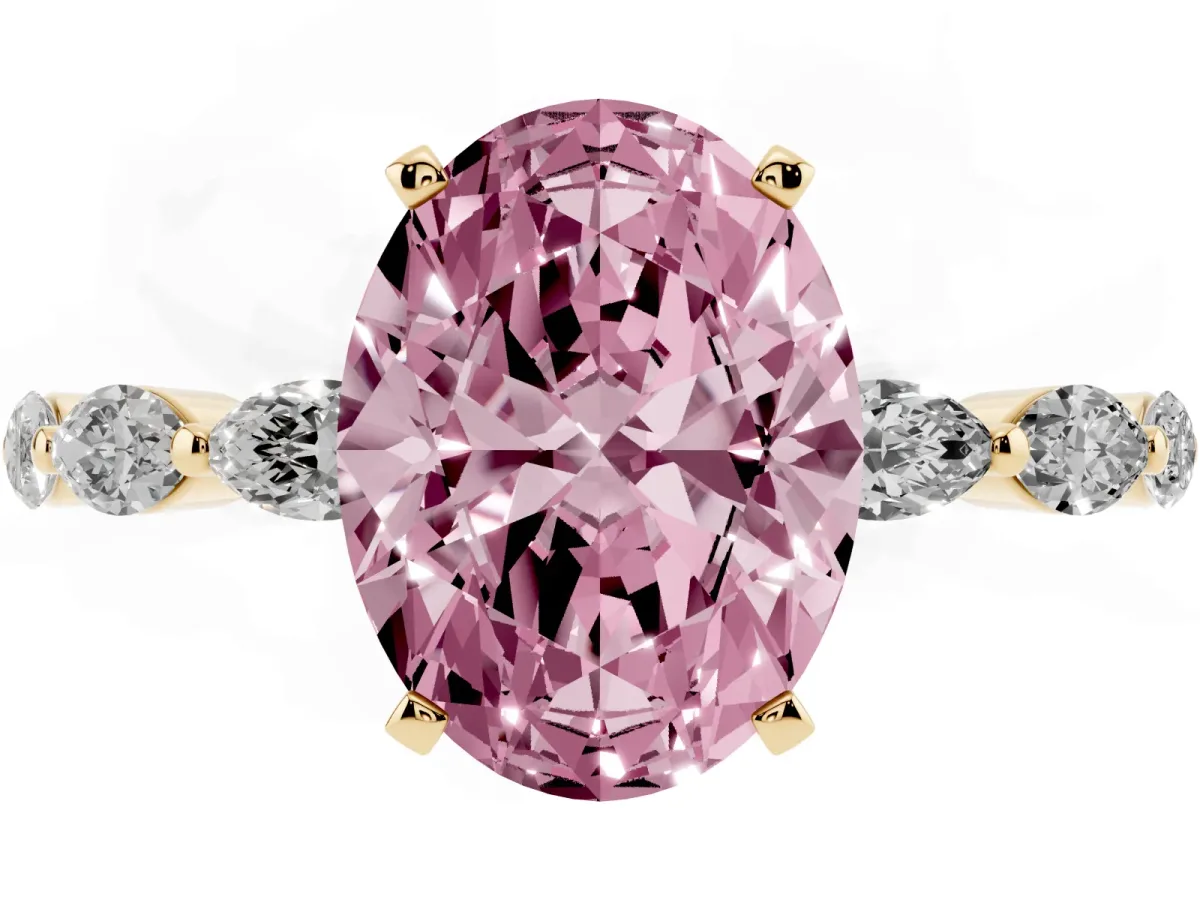Fancy Pink Oval Cut Diamond Ring with Marquise Side Stones and Prong Setting Yellow gold