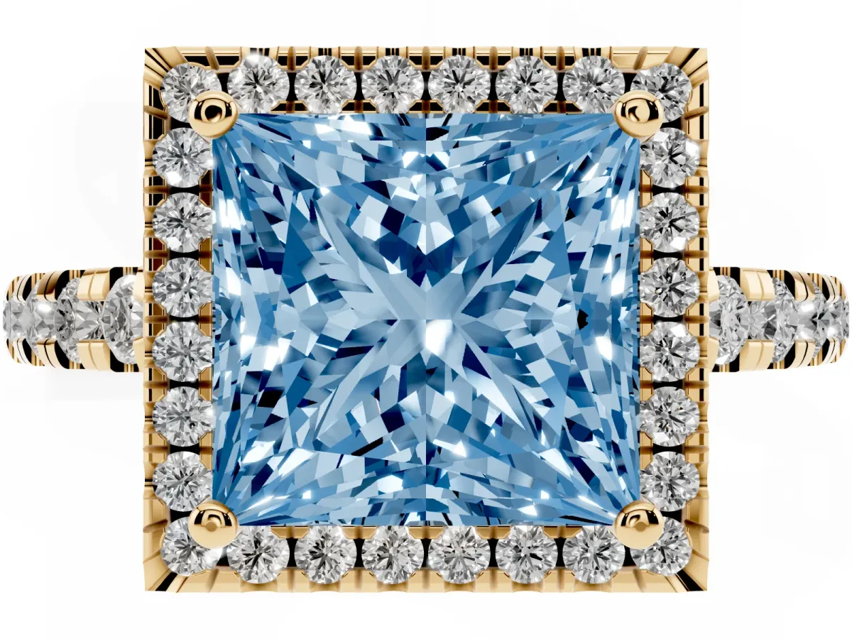 Fancy Blue Princess Cut Diamond Halo Ring with Pavé Band and Four-Prong Setting Yellow gold