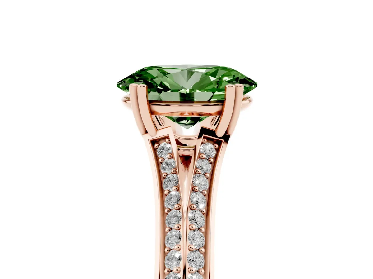 Fancy Green Oval Cut Diamond Split Shank Engagement Ring with Pavé Band Rose gold