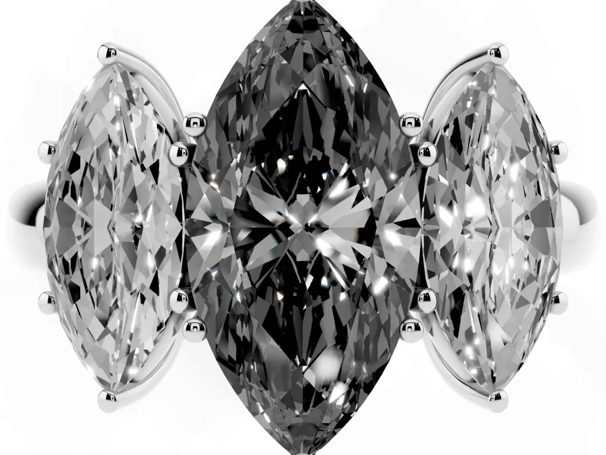 Fancy Black Marquise Cut Diamond Three-Stone Ring with Four-Prong Setting and Classic Band Silver