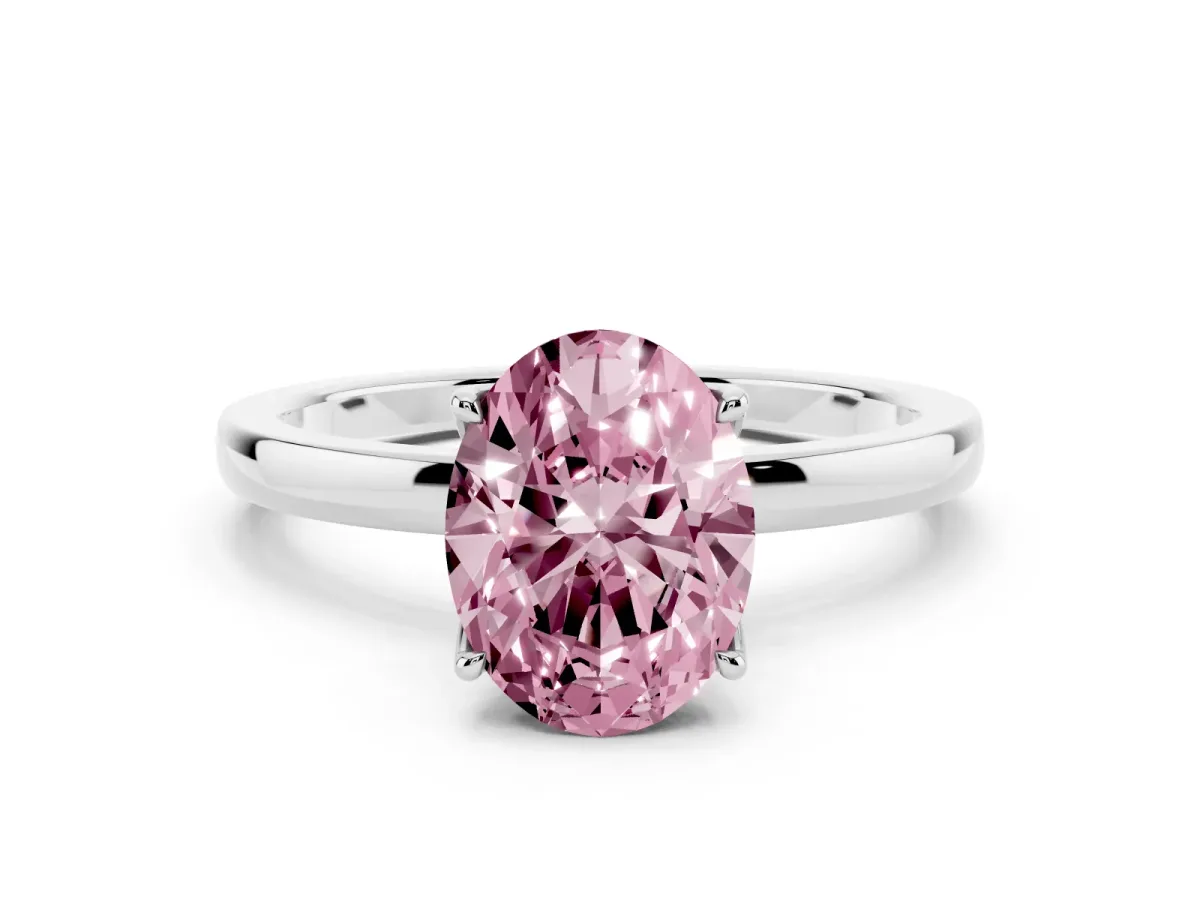 Fancy Pink Oval Cut Diamond Solitaire Ring with Thin Band and Prong Setting Silver