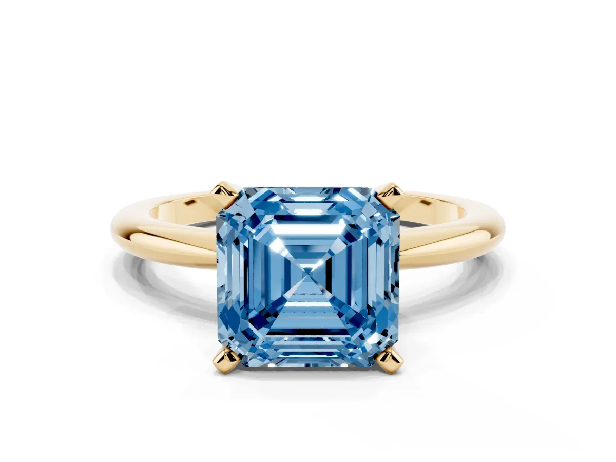 Fancy Blue Asscher Cut Diamond Solitaire Ring with Prong Setting and Classic Band Yellow gold