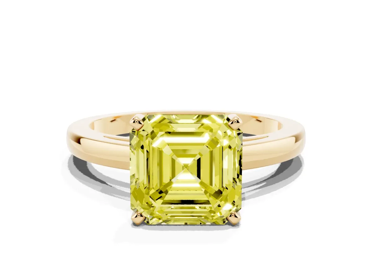 Fancy Yellow Asscher Cut Solitaire Diamond Engagement Ring with Four-Prong Setting on a Classic Band Yellow gold