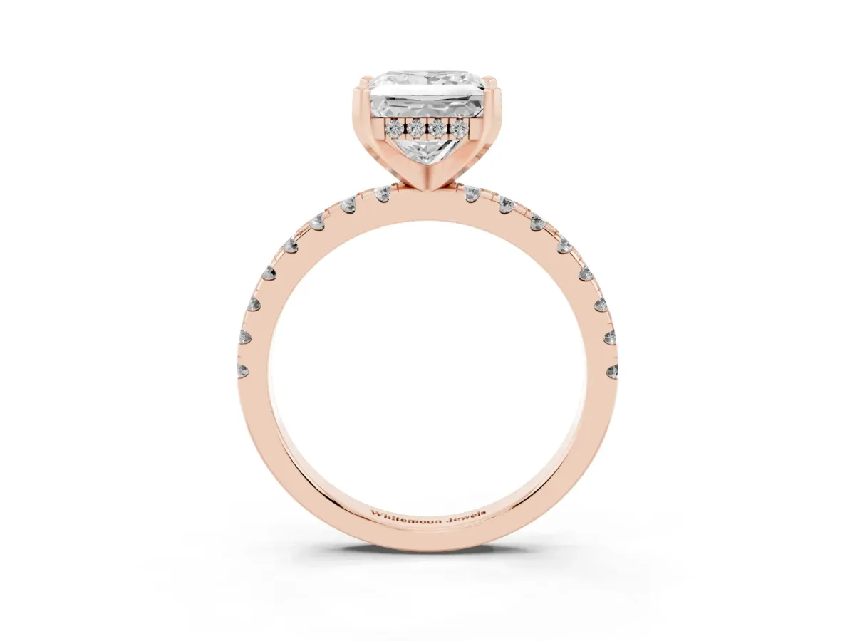 Princess Cut Diamond Solitaire Ring with Round Pavé Band and Four-Prong Setting Rose gold