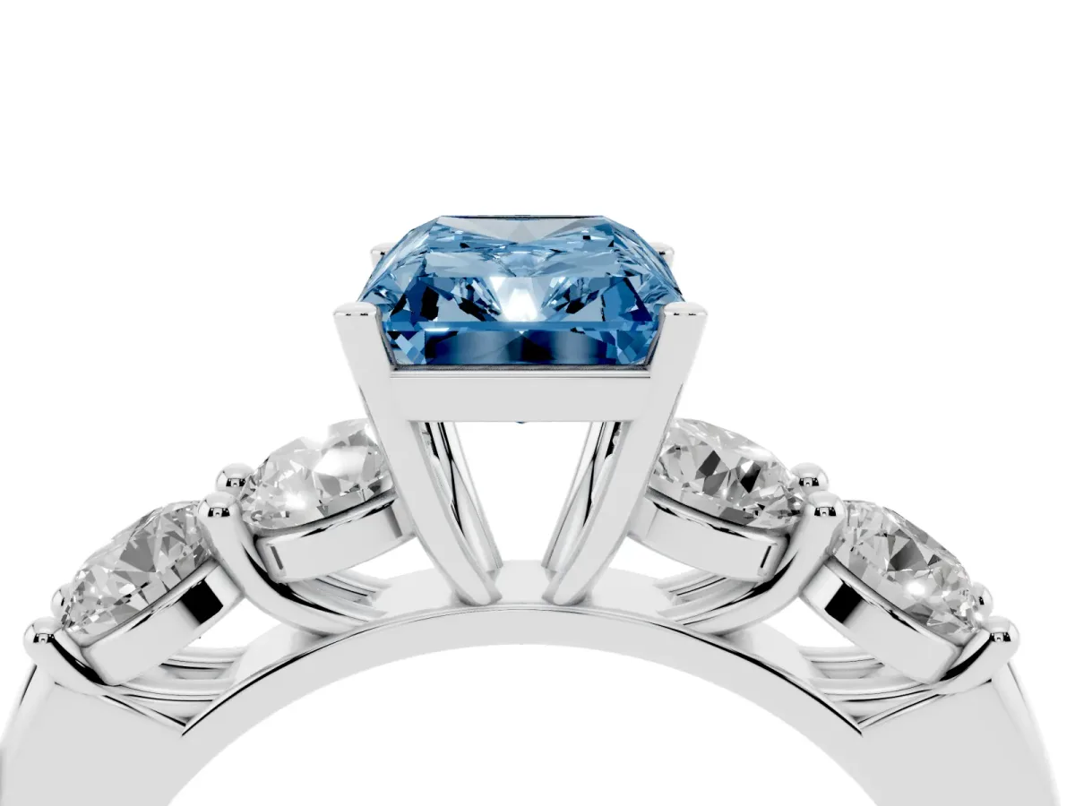 Fancy Blue Radiant Cut Cut Five-Stone Prong Set Diamond Ring with Classic Band Silver