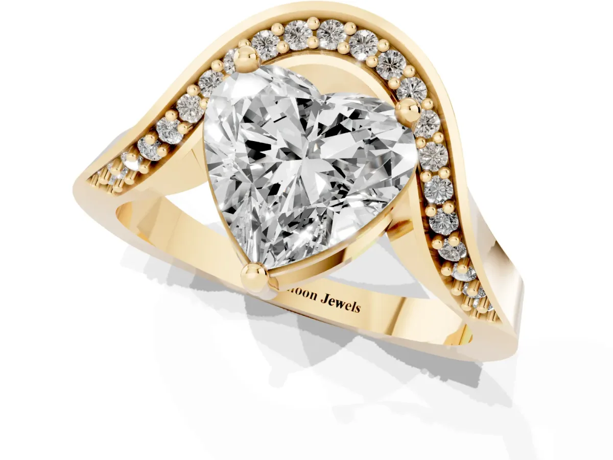 Heart Cut Solitaire Diamond Engagement Ring with Pave Band and Four-Prong Setting Yellow gold