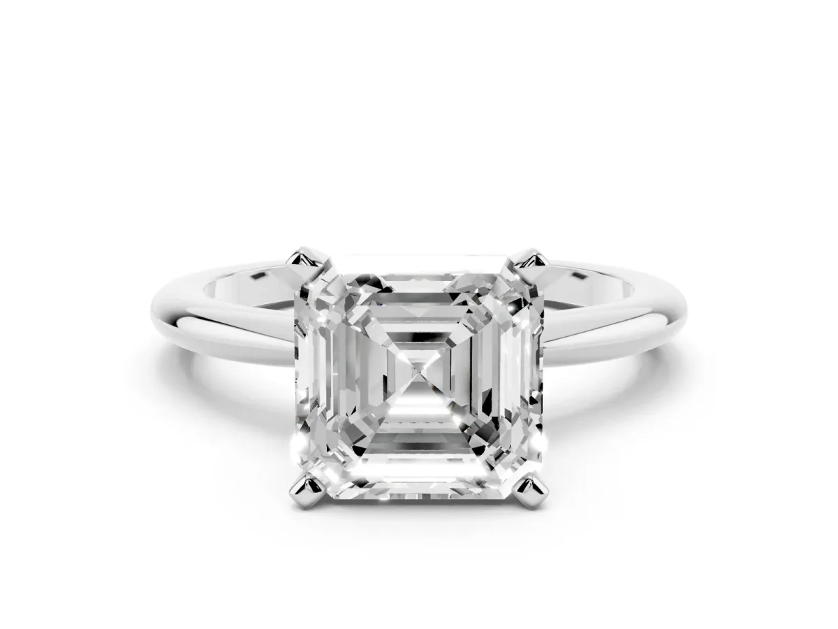 Asscher Cut Diamond Solitaire Ring with Prong Setting and Classic Band Silver