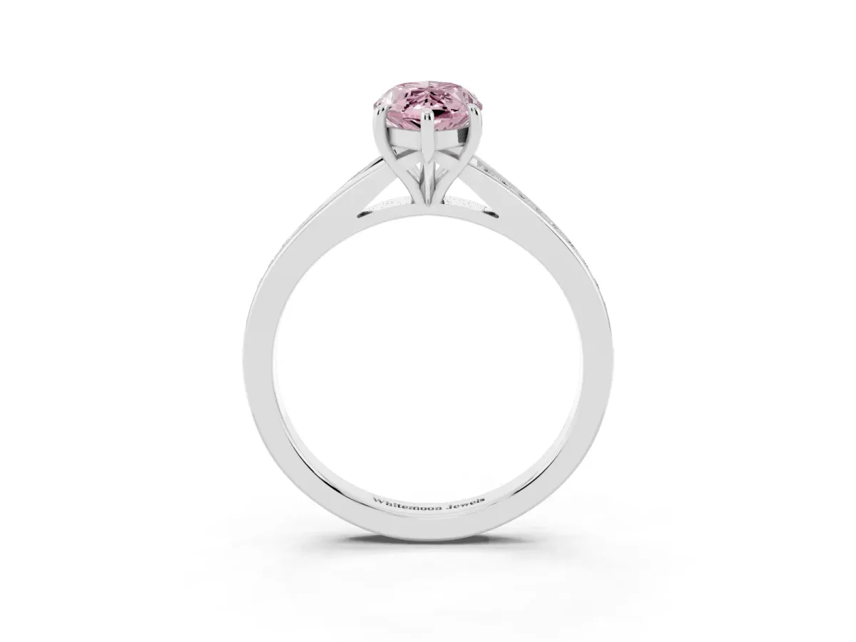 Fancy Pink Marquise Cut Diamond Solitaire Ring with Pavé Band and Prong Setting Silver