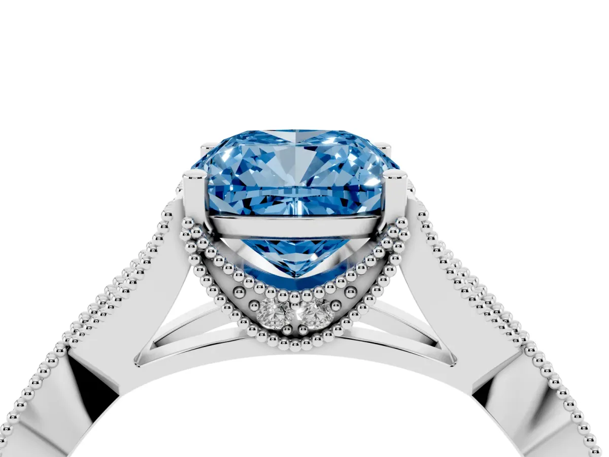 Fancy Blue Cushion Cut Cut Diamond Twisted Band with Milgrain Pave Setting and Four-Prong Setting Silver