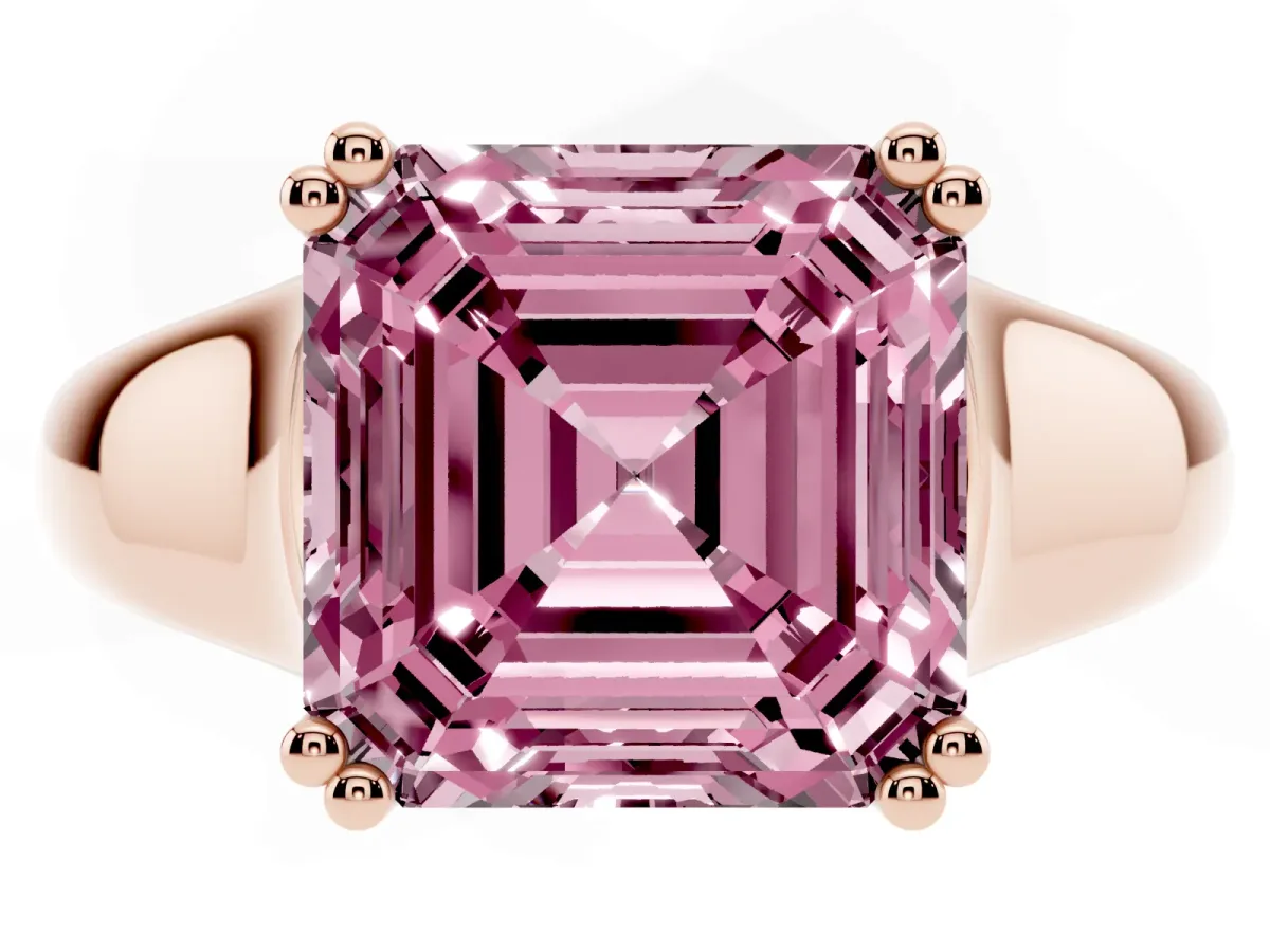 Fancy Pink Asscher Cut Diamond Solitaire Ring with Wide Band and Prong Setting Rose gold