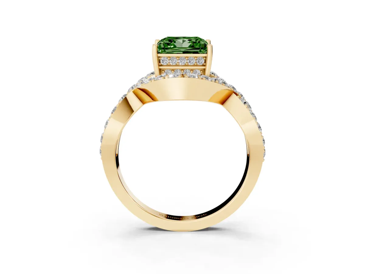 Fancy Green Princess Cut Solitaire Twist Band Pavé Diamond Engagement Ring Yellow gold