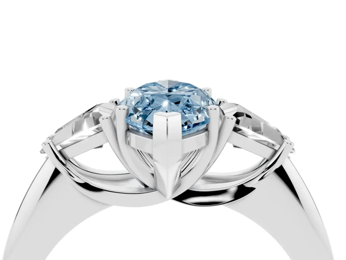 Fancy Blue Three-Stone Marquise Cut Diamond Engagement Ring with Trillion Side Stones and Prong Setting Silver