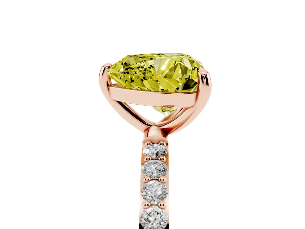 Fancy Yellow Heart Cut Diamond Solitaire Ring with Round Pavé Band and Prong Setting Rose gold