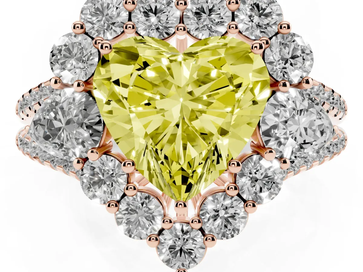 Fancy Yellow Heart Cut Halo Split Shank Diamond Engagement Ring with Prong Setting Rose gold
