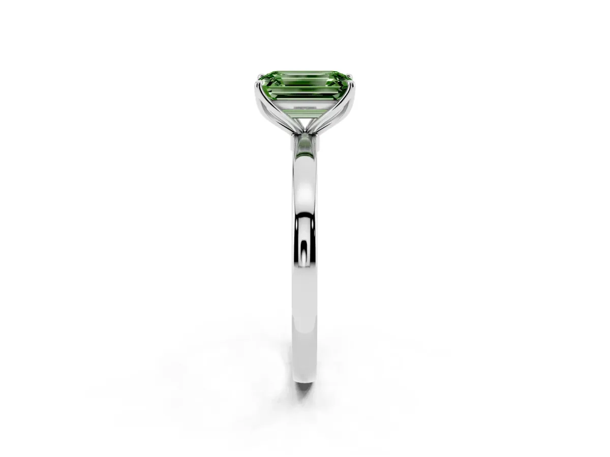 Fancy Green Emerald Cut Diamond Solitaire Ring with Thin Band and Prong Setting Platinum