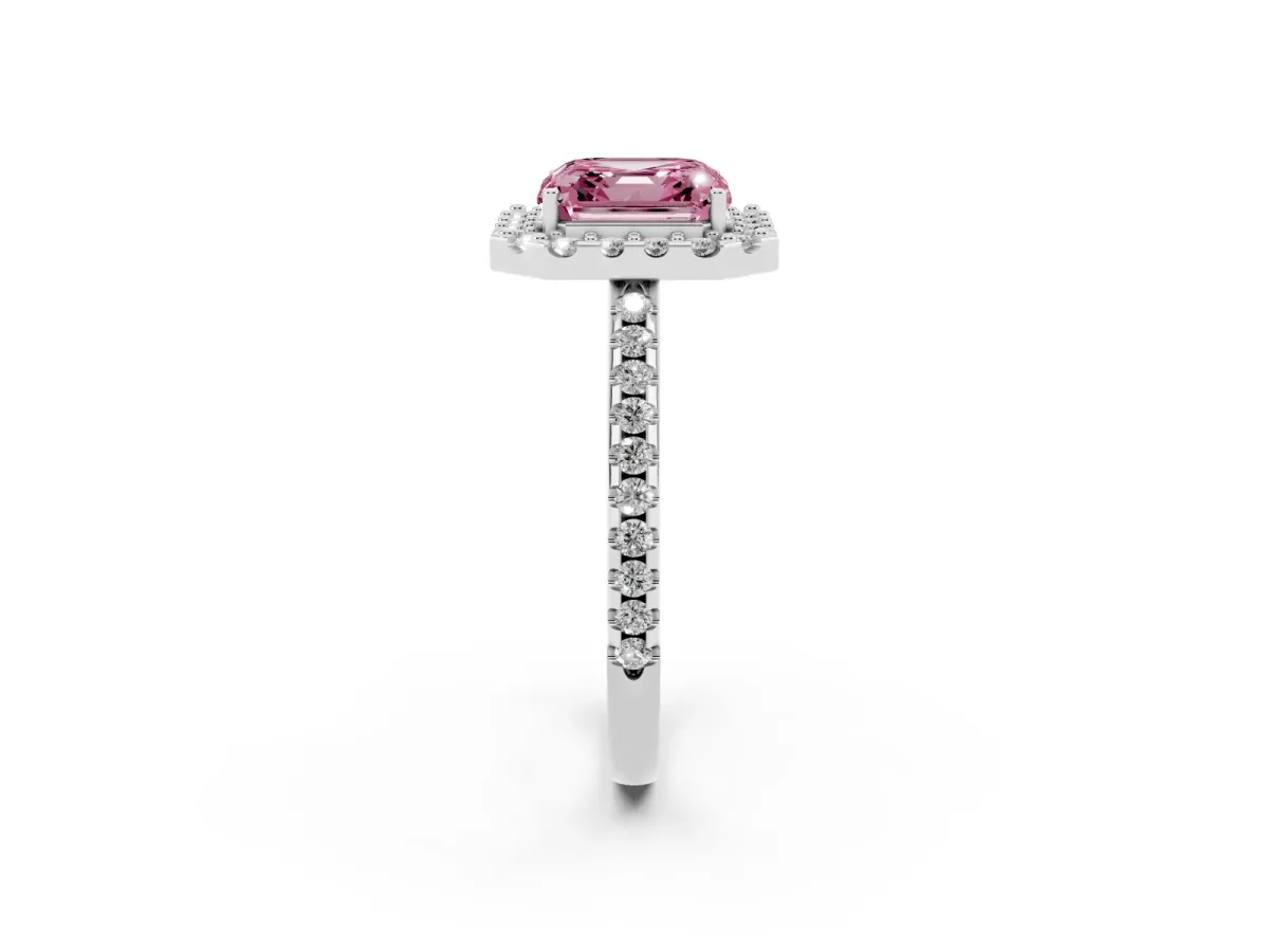 Fancy Pink Asscher Cut Diamond Pavé Halo Ring with Four-Prong Setting Silver