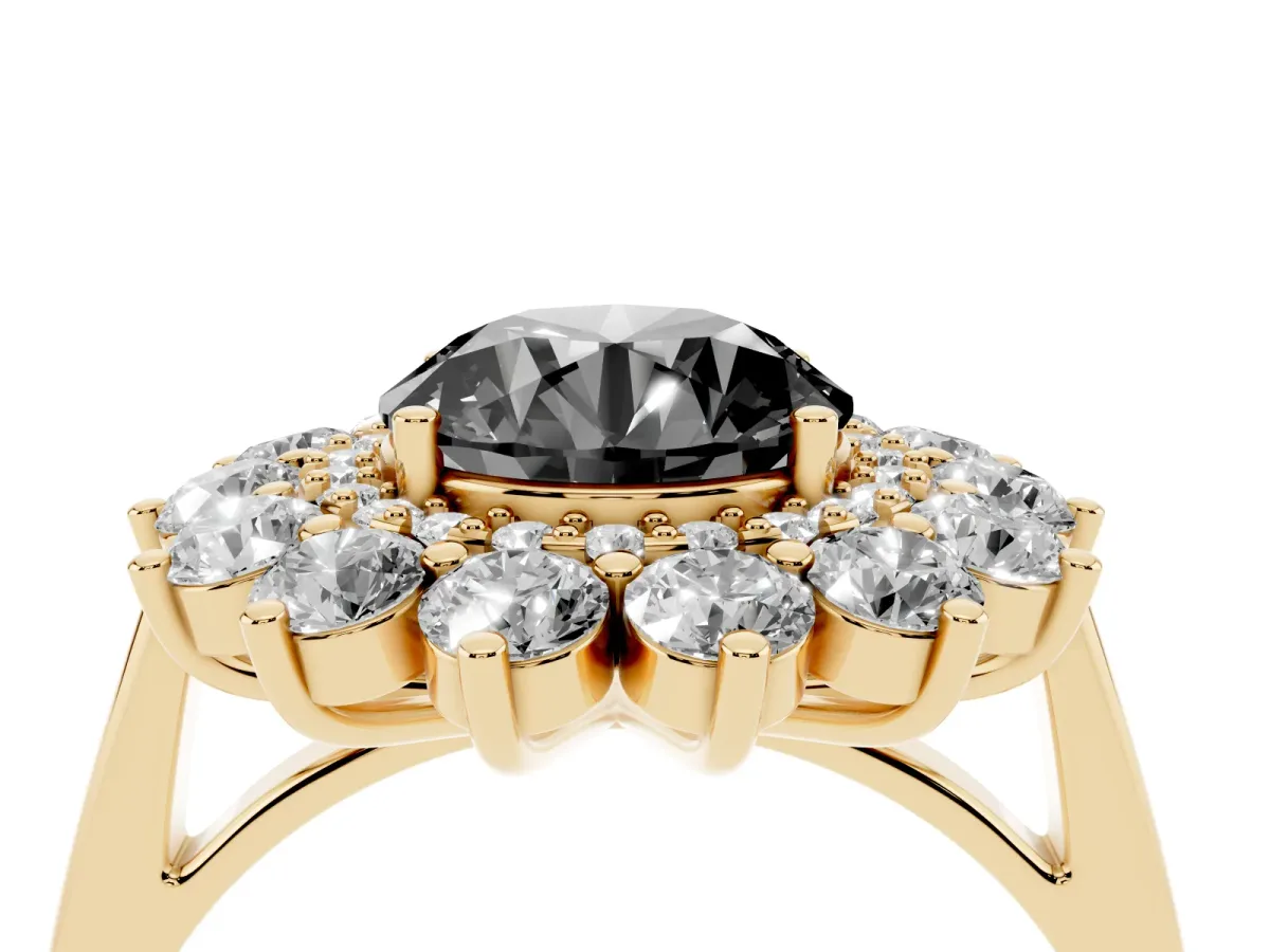 Fancy Black Round Cut Diamond Floral Double Halo Engagement Ring with Prong Setting Yellow gold