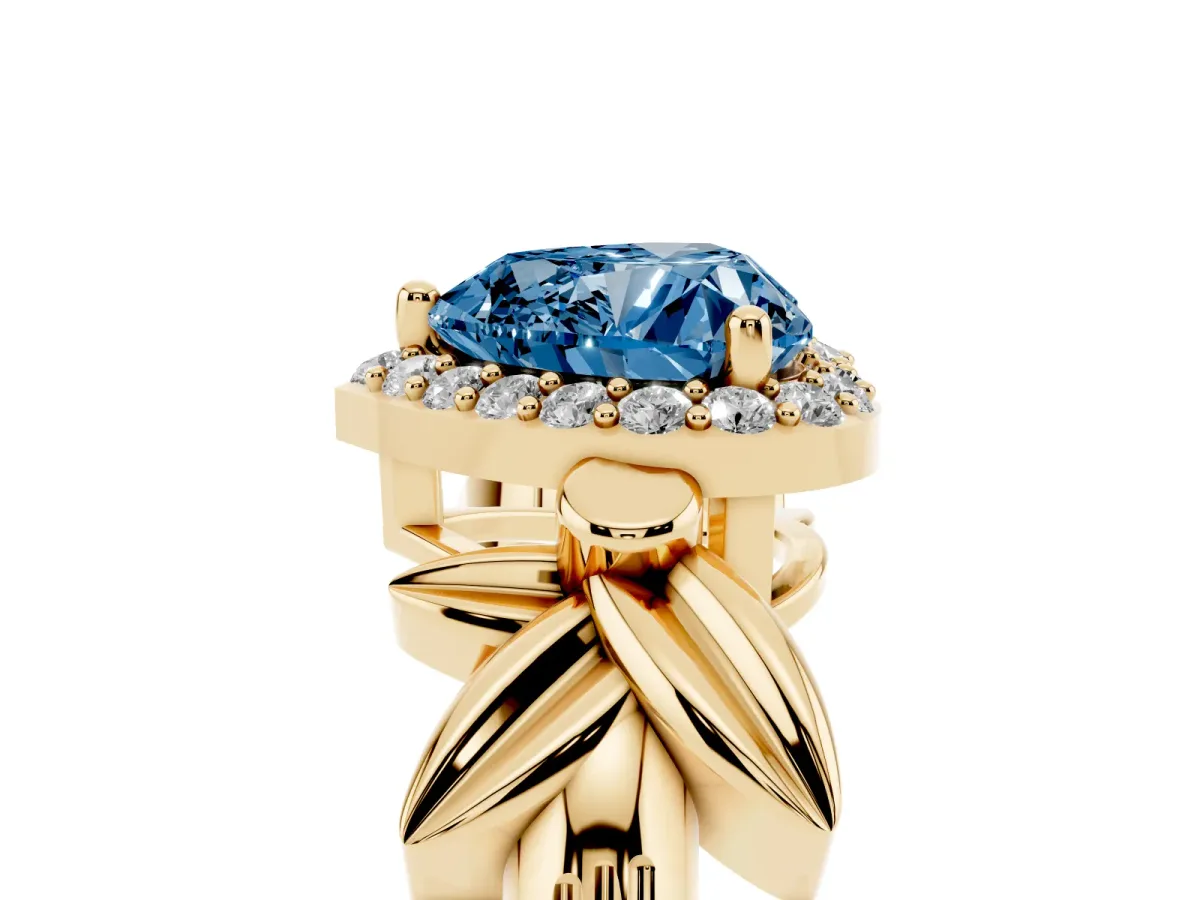 Fancy Blue Heart Cut Halo Diamond Floral Band with Four-Prong Setting Yellow gold