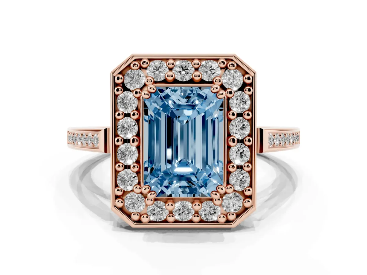 Fancy Blue Emerald Cut Diamond Halo Ring with Split Shank and Four-Prong Setting Rose gold